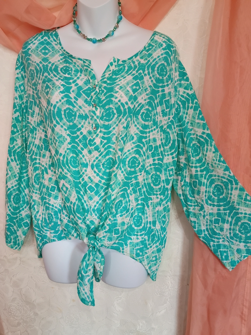 grand & greene Ladies Teal and White Geometric Tie-Front Blouse Sz Lg